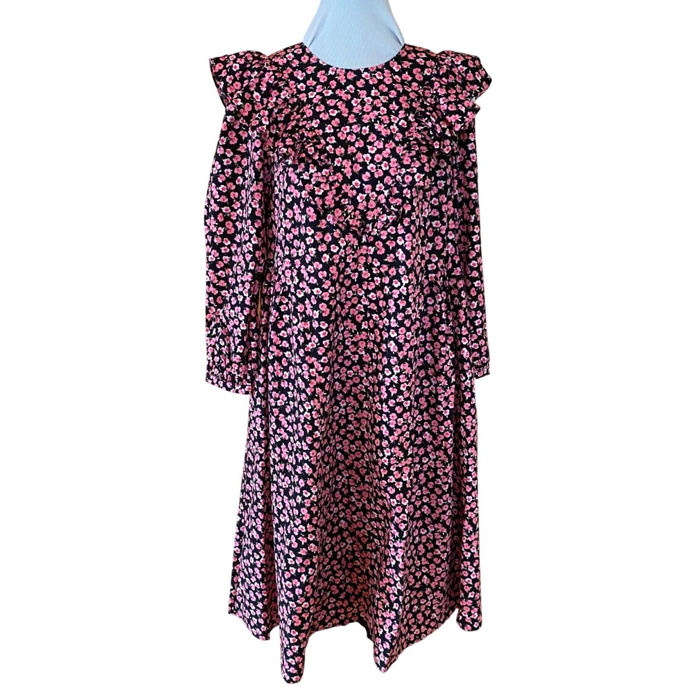 Sandy Liang M Pink Floral Ruffle Cotton Midi Dress Black Long Sleeve Tie Back